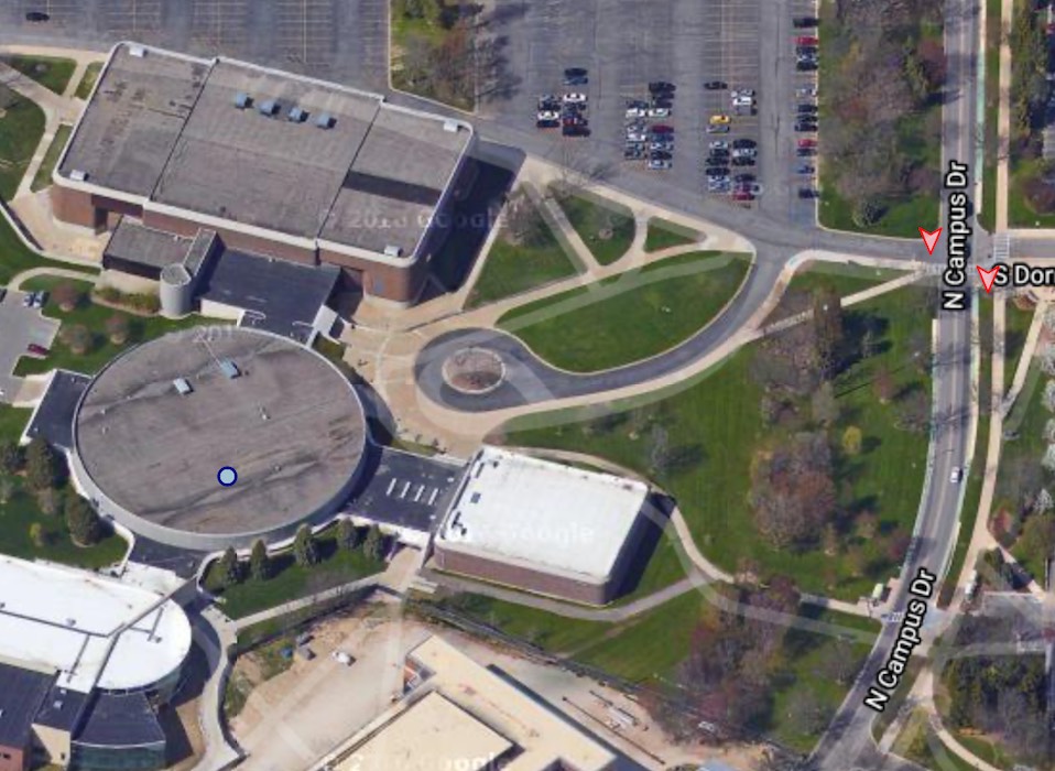 Aerial view of RecFest location of circle drive outside of the FieldHouse arena